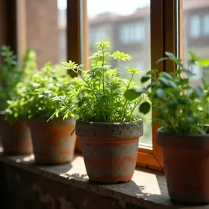 Horta Em Vasos De Cimento Durabilidade e Estilo Industrial Horta em vasos de cimento com ervas exuberantes em varanda ensolarada.