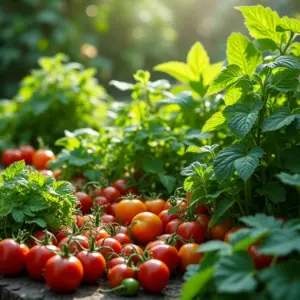 O Segredo Das Plantas Companheiras Para Uma Horta Forte Horta exuberante com plantas companheiras, mostrando a diversidade e o crescimento saudável das hortaliças.