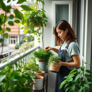 Horta exuberante em varanda de apartamento com pouca luz, decoração colorida.