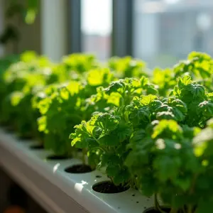 Horta Em Apartamento Com Sistema Hidropônico Cultivo Moderno e Limpo Horta hidropônica exuberante em apartamento brasileiro ensolarado.