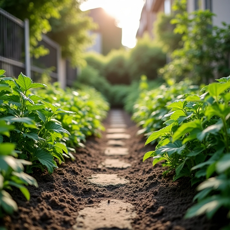 Horta limpa e organizada com plantas saudáveis.
