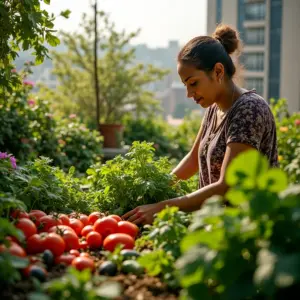 Horta produtiva em laje com diversas plantas e flores sob a luz do sol.