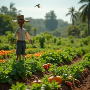 Horta protegida com espantalho, pássaro voando.