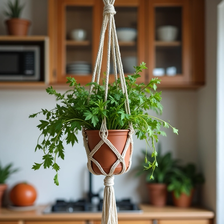 Horta suspensa em macramê com ervas em uma cozinha brasileira.