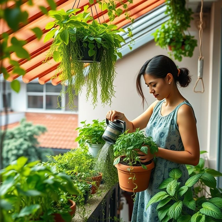 Horta suspensa em telhas com ervas e folhagens exuberantes.