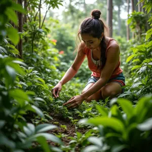 Horta urbana exuberante com controle biológico de pragas, plantas diversas e mulher cuidando.