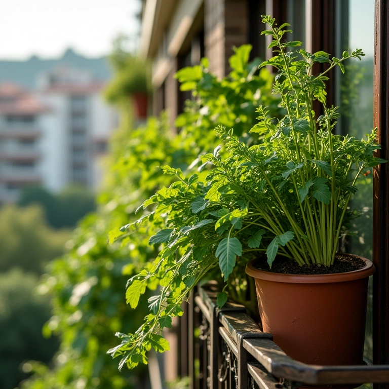Horta vertical com ervas e vegetais em varanda de apartamento.