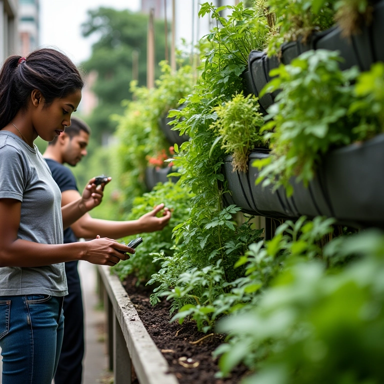 Horta vertical com manta de drenagem.