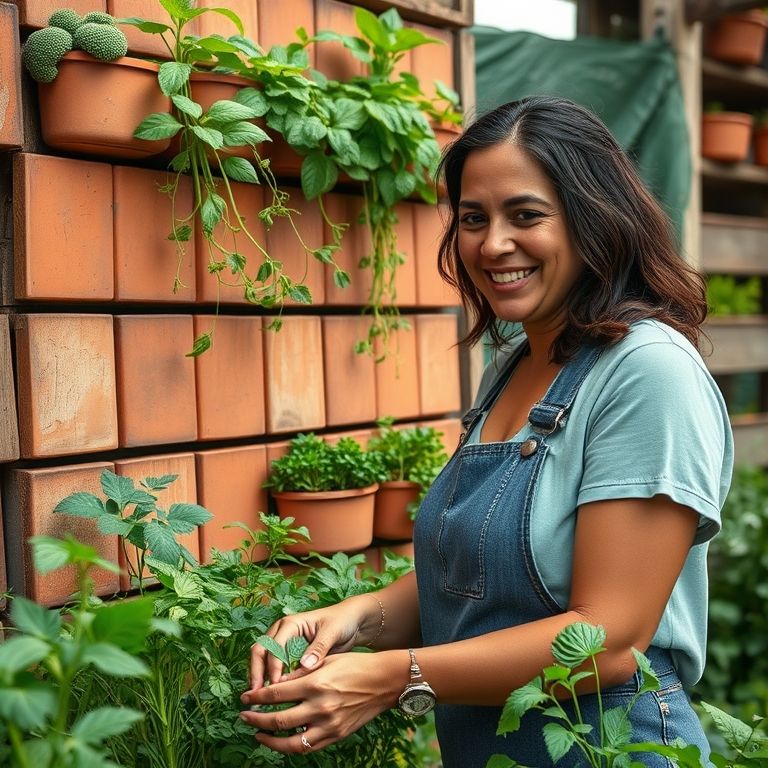 Horta vertical com telhas e paletes, sinônimo de sustentabilidade.