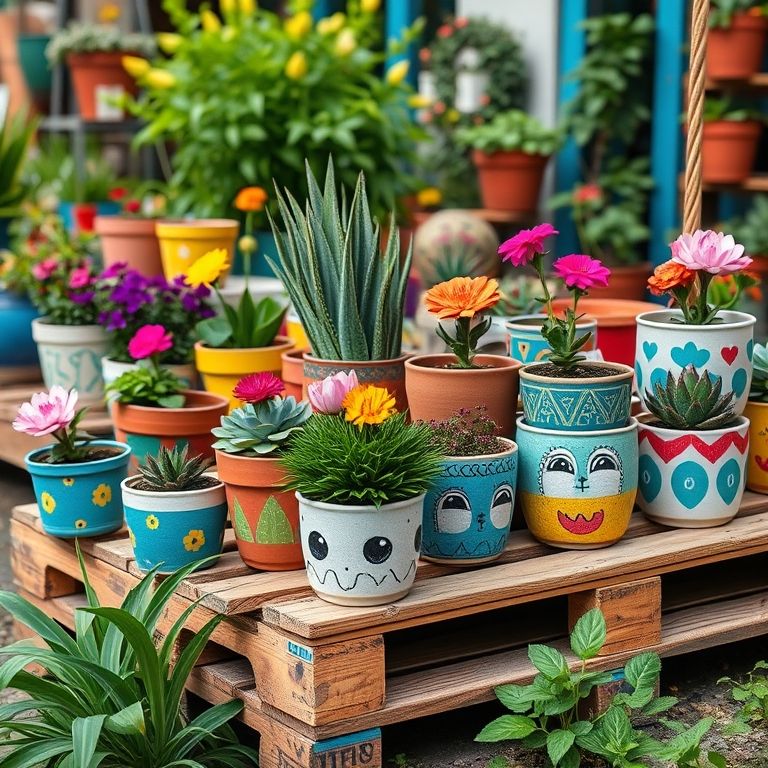 Horta vertical de pallets decorada com vasos coloridos.