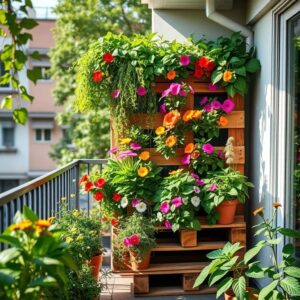 Horta vertical de pallets exuberante em varanda ensolarada.