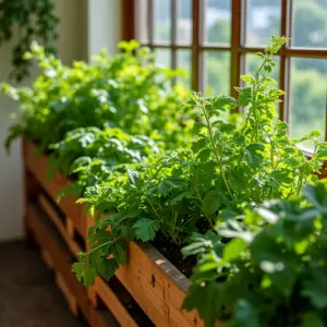 Horta vertical em pallet exuberante com ervas e vegetais variados.