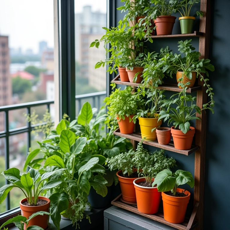 Horta vertical em varanda de apartamento com vasos coloridos.