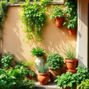 Horta vertical em zigue-zague vibrante e ensolarada.