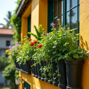 Horta Vertical Com Cano De PVC Solução Inteligente Horta vertical feita com canos de PVC em uma varanda colorida, cheia de plantas e flores.