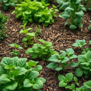 Horta vibrante com cobertura morta orgânica protegendo as plantas.