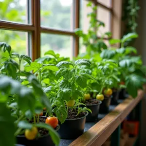 Horta vibrante em apartamento com sistema de irrigação automático, estilo Farm Rio.