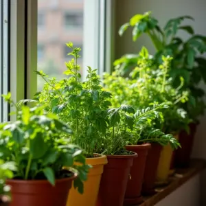 Horta vibrante em apartamento pequeno com sol, estilo Farm Rio.
