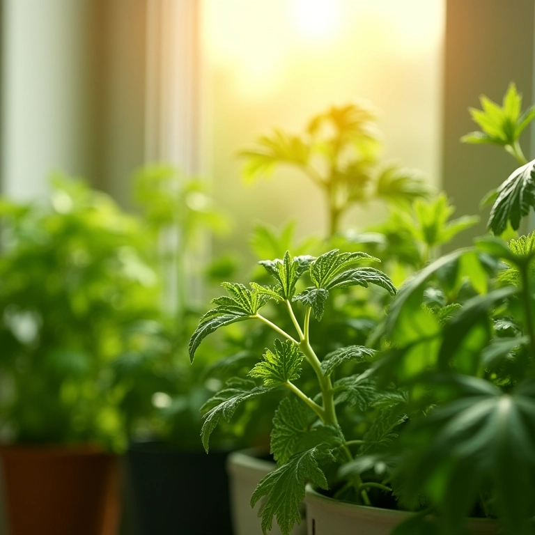 Hortaliças crescendo sob luz indireta em apartamento iluminado.