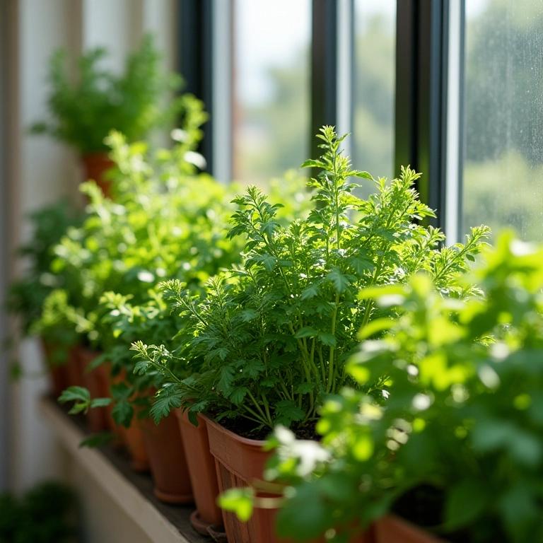 Hortaliças e temperos frescos em jardim vertical em varanda.