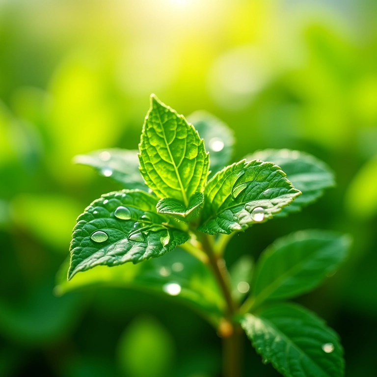 Hortelã fresca com gotas de água brilhando ao sol da tarde.