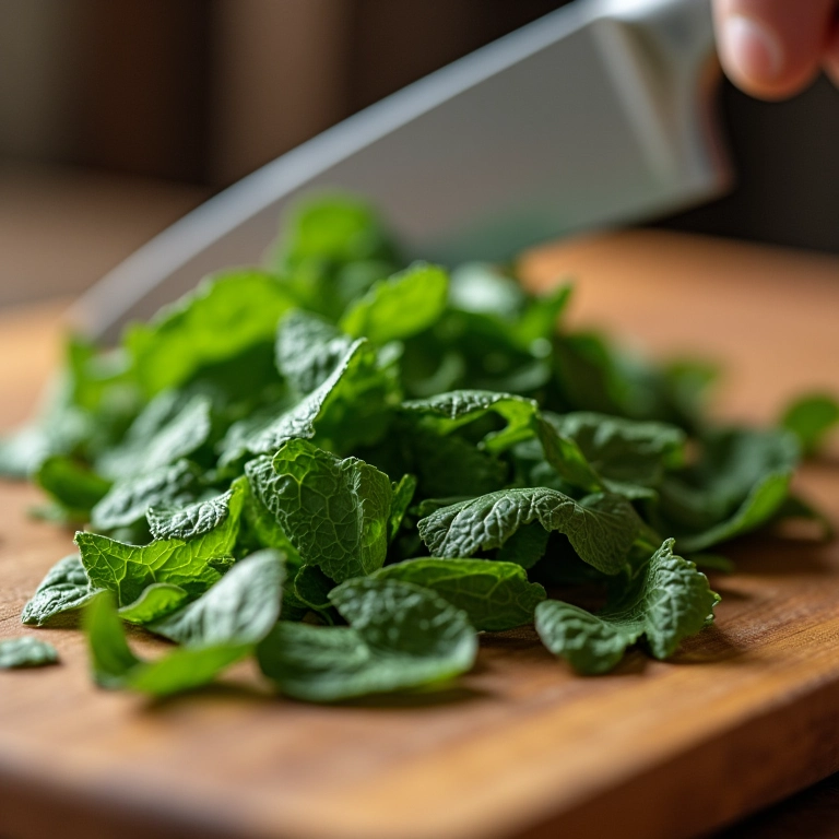 Hortelã fresca sendo picada para o molho.