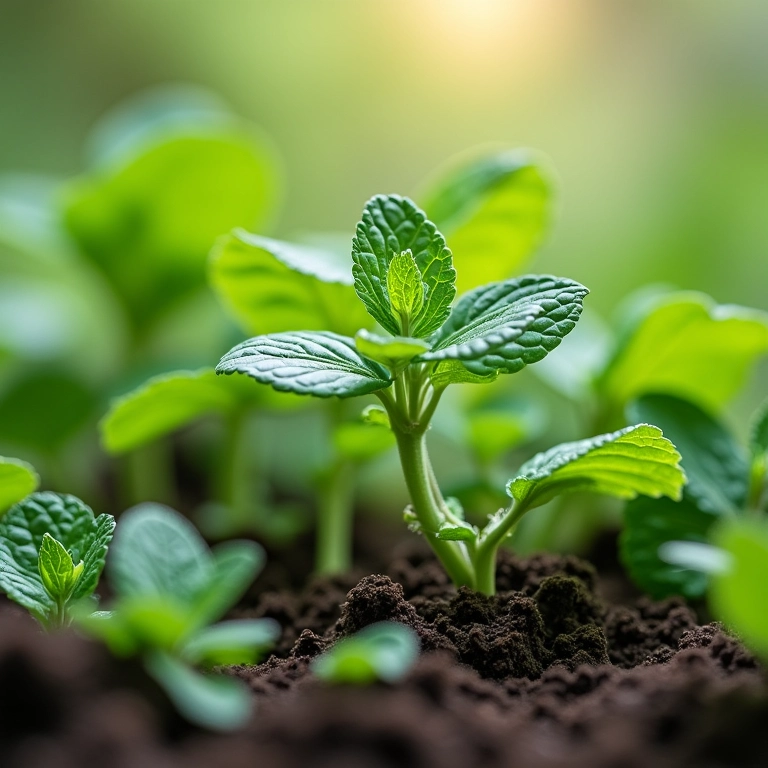 Hortelã plantada com cuidado perto de repolhos.