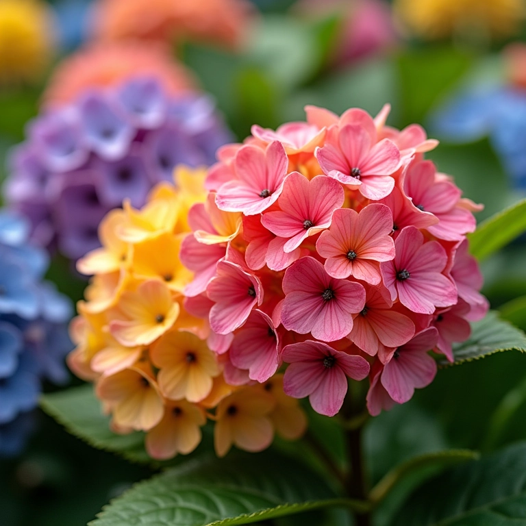 Hortênsias artificiais vibrantes em um jardim brasileiro colorido.