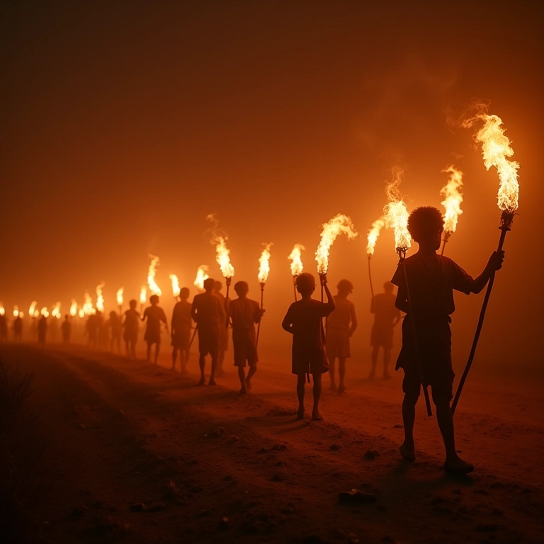 Humanos primitivos migrando com tochas, seguindo o fogo.