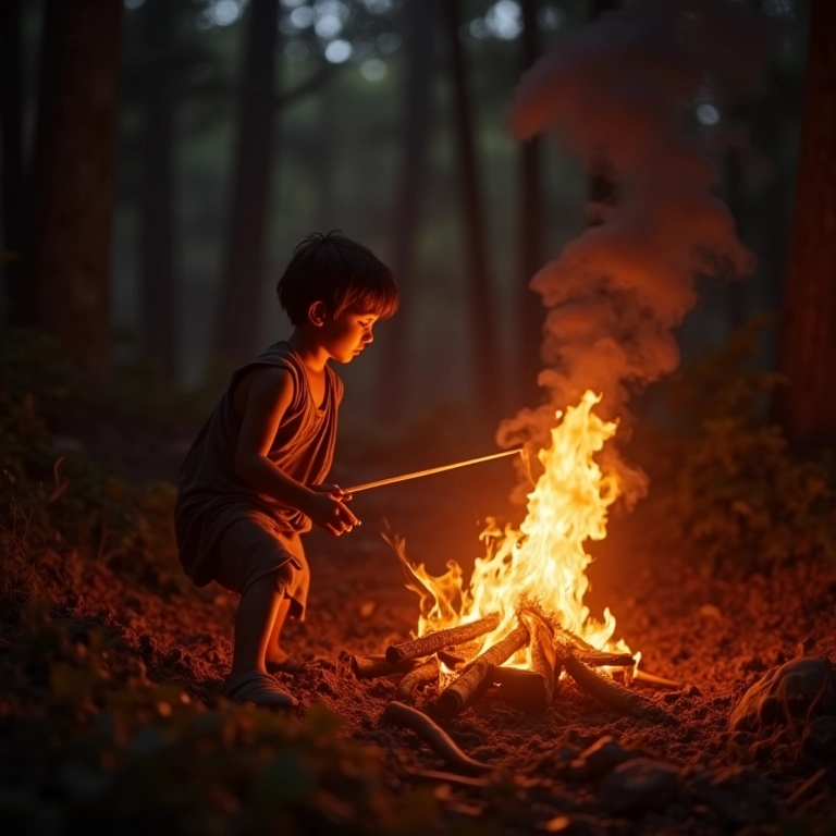 Humanos primitivos usando o fogo para afastar predadores durante a noite.