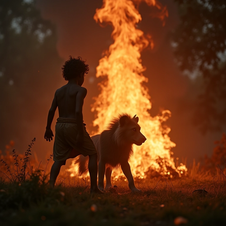 Humanos primitivos usando o fogo para afastar um grande predador.