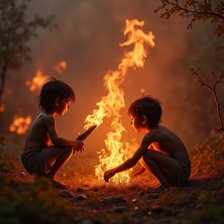 Humanos primitivos usando o fogo para criar ferramentas mais avançadas.