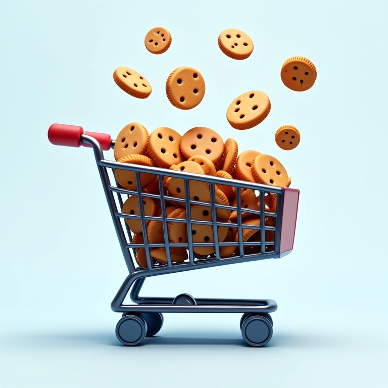 Ícone de carrinho de compras digital cheio de produtos, com cookies girando ao redor, representando itens salvos.