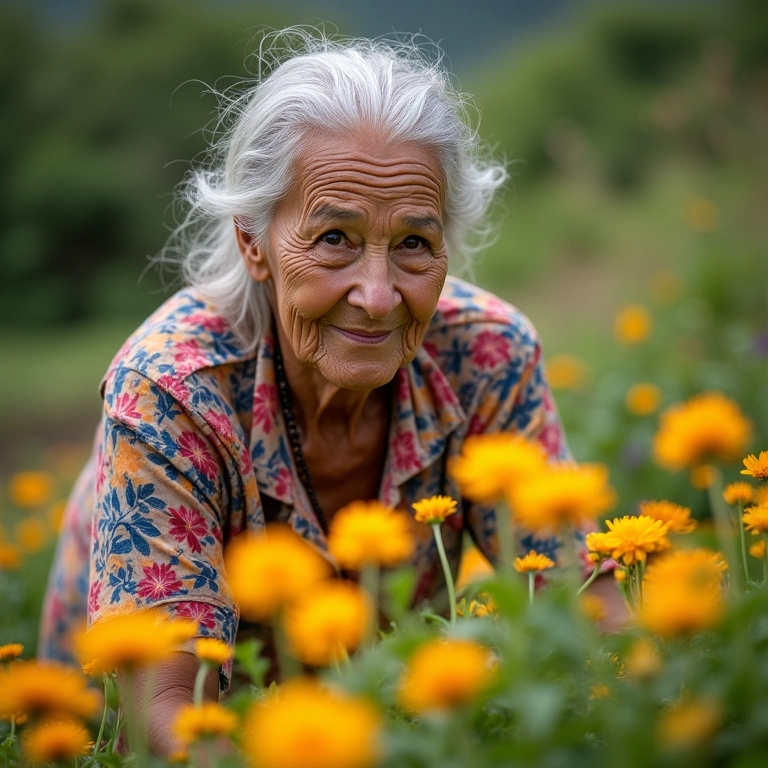 Idosa brasileira cuidando do jardim, símbolo de Ikigai e longevidade.