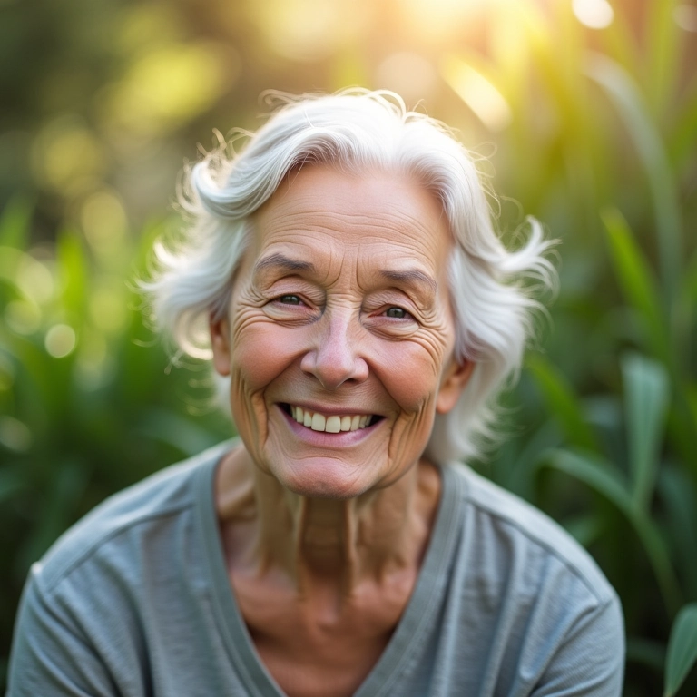 Idosa feliz recebendo acupuntura para fortalecer o sistema imunológico.