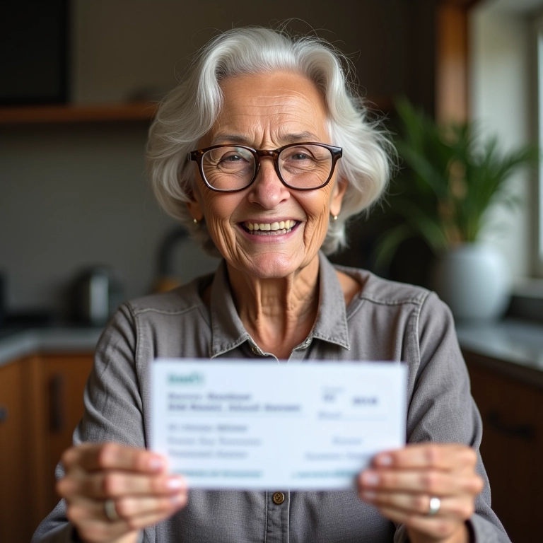 Idosa sorrindo ao receber seu benefício previdenciário, simbolizando a cobertura previdenciária do MEI.