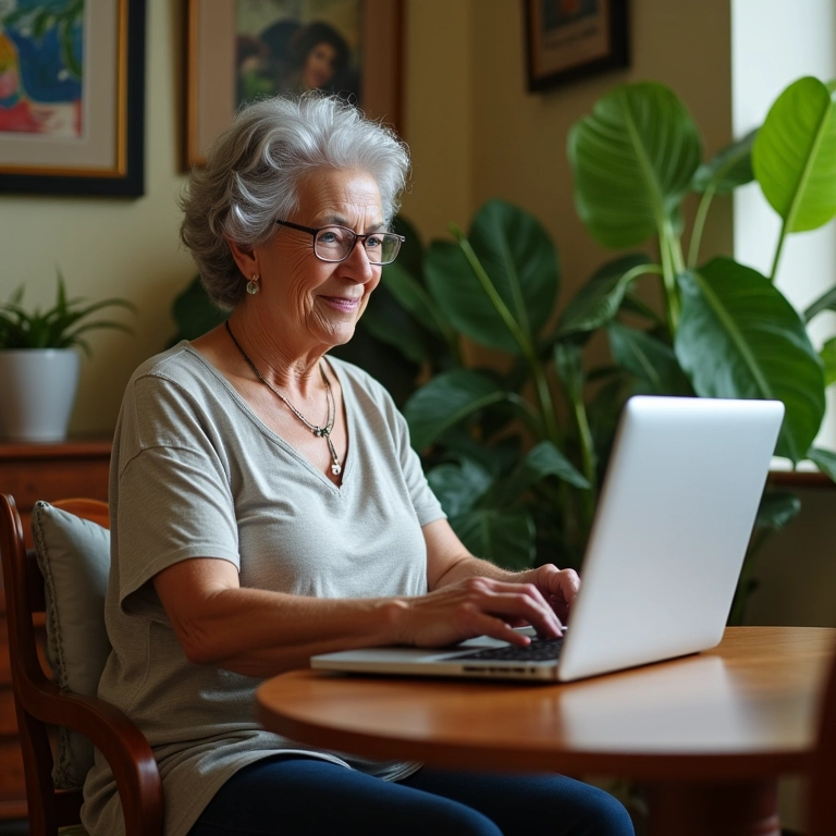 Idosa usando o site Minhas Finanças em um laptop em casa.