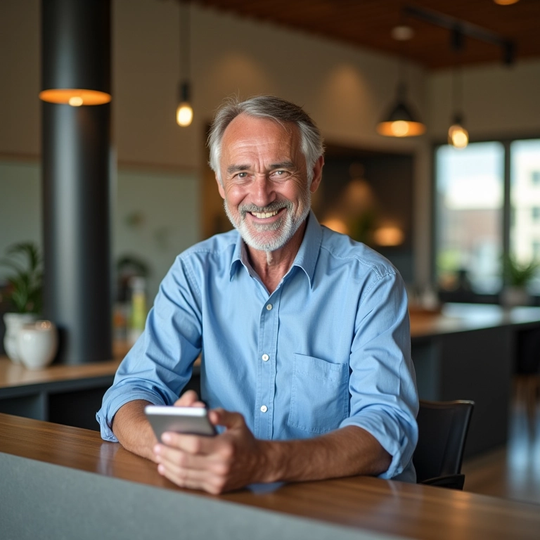 Idoso brasileiro sacando fundos de sua conta de aposentadoria com alegria.