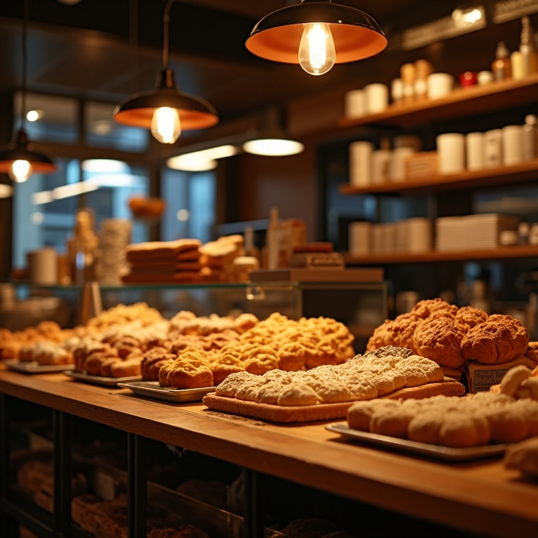 Iluminação acolhedora em pastelaria, com foco em luminárias e luz natural realçando a exibição dos doces.