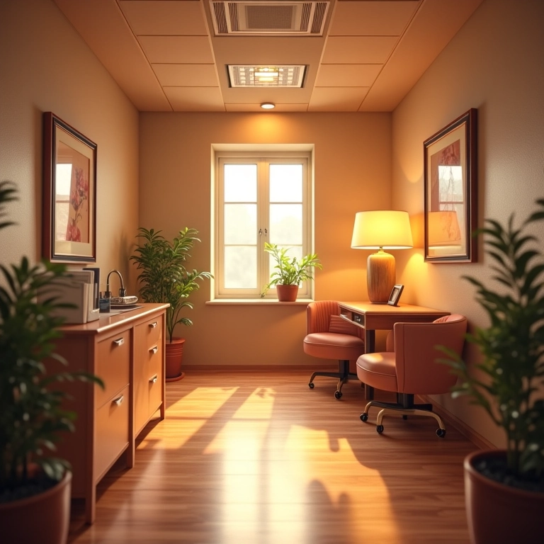 Iluminação aconchegante em consultório médico.