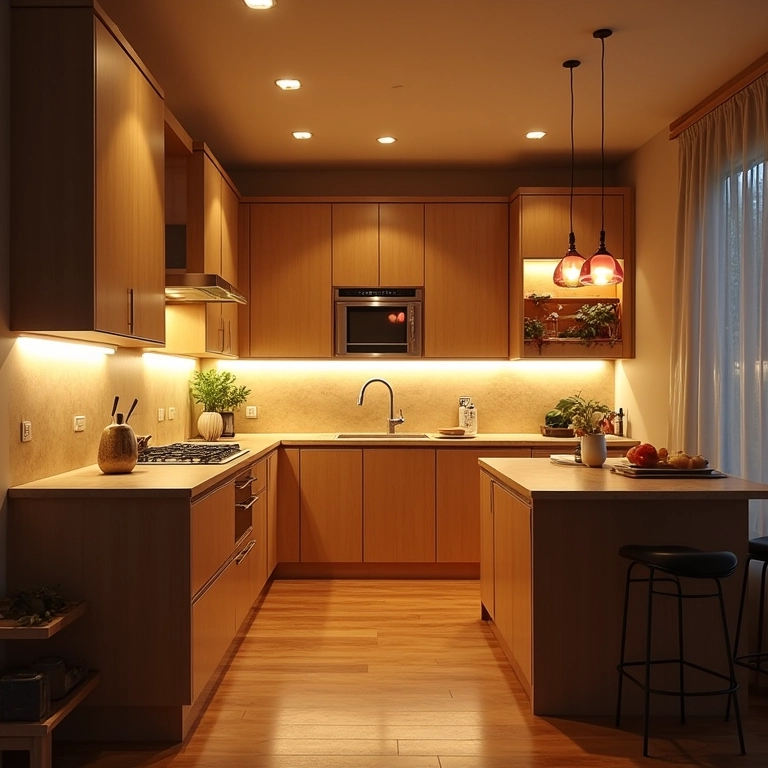 Iluminação aconchegante em cozinha em L com luzes sob os armários e pendentes.