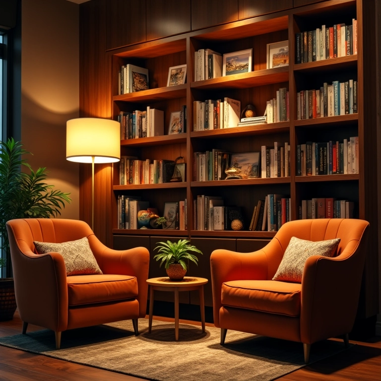 Iluminação aconchegante em lounge de agência de viagens.