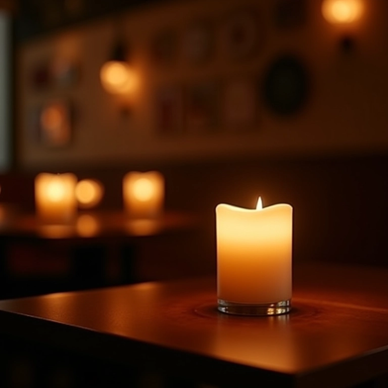 Iluminação aconchegante em um bistrô com velas e luminárias.