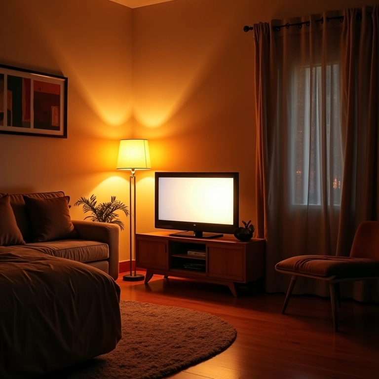 Iluminação aconchegante em uma sala de TV pequena com design brasileiro.