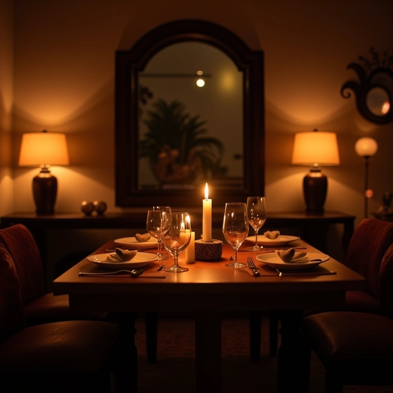 Iluminação aconchegante na sala de jantar com luminárias e velas.
