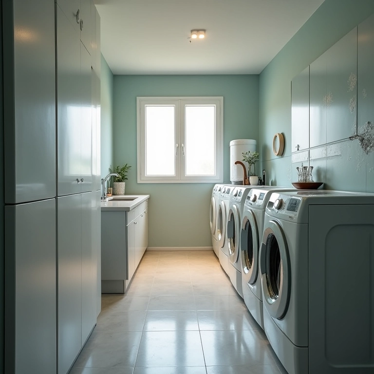 Iluminação adequada valorizando o espaço de uma lavanderia pequena.