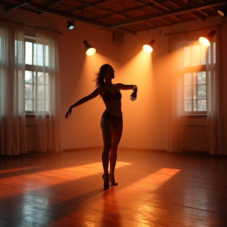 Iluminação ambiente em estúdio de dança com foco em dançarina.