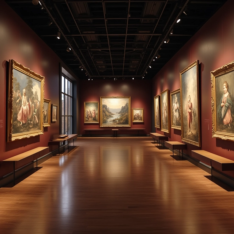 Iluminação dramática destacando obras de arte e arquitetura em museu.
