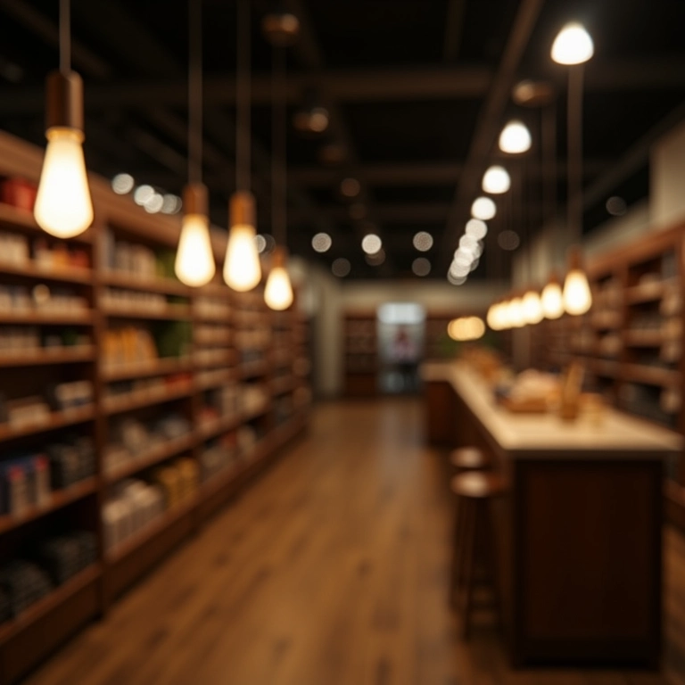 Iluminação estratégica de loja com luminárias modernas e ambiente acolhedor.