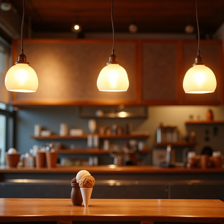 Iluminação estratégica destacando a decoração de uma sorveteria moderna.